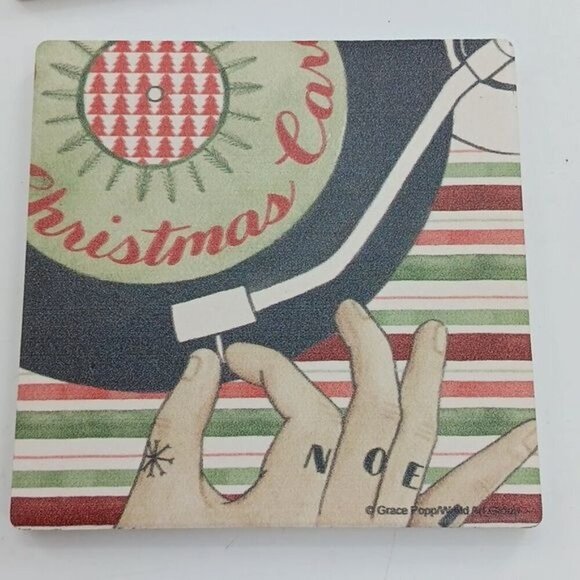 Thirstystone Hipster Tattooed Santa Coasters Set of 4 Stone and Cork Holiday - Picture 4 of 10